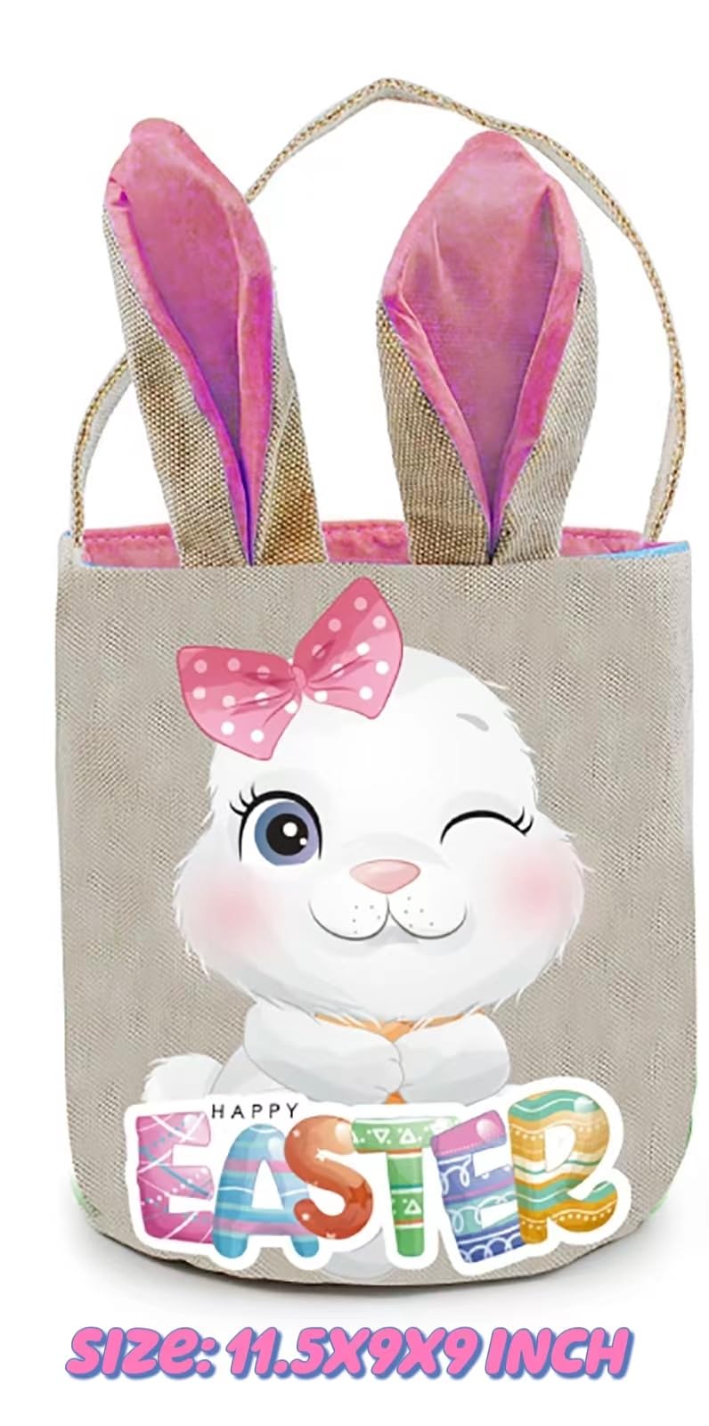 PADELO 1 Pack Easter Basket with Handle, Canvas Easters Egg Hunt Bunny Baskets for Kids, Happy Easter Tote Bucket with Cute Bunny Ears for Easters Eggs Hunting, Gifts Candies Favors Storage, Pink - Image 2