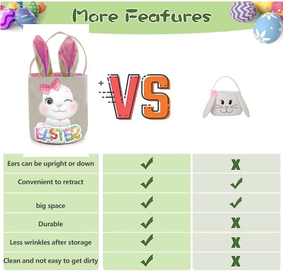 PADELO 1 Pack Easter Basket with Handle, Canvas Easters Egg Hunt Bunny Baskets for Kids, Happy Easter Tote Bucket with Cute Bunny Ears for Easters Eggs Hunting, Gifts Candies Favors Storage, Pink - Image 3