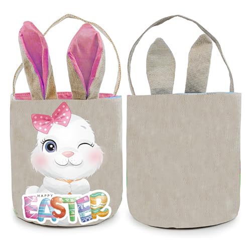 PADELO 1 Pack Easter Basket with Handle, Canvas Easters Egg Hunt Bunny Baskets for Kids, Happy Easter Tote Bucket with Cute Bunny Ears for Easters Eggs Hunting, Gifts Candies Favors Storage, Pink - Image 1