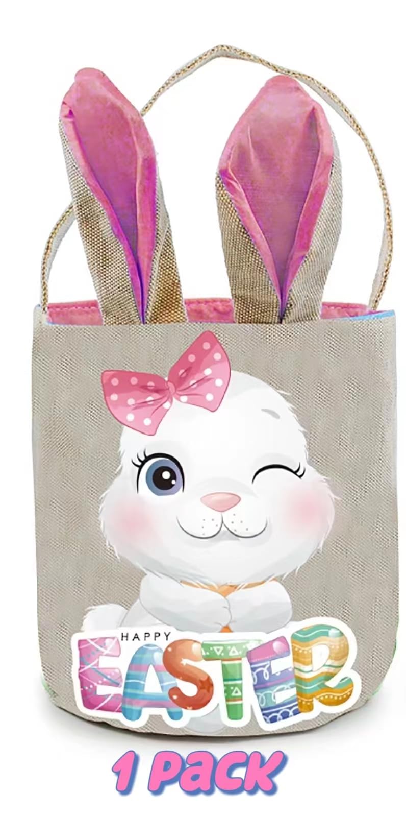 PADELO 1 Pack Easter Basket with Handle, Canvas Easters Egg Hunt Bunny Baskets for Kids, Happy Easter Tote Bucket with Cute Bunny Ears for Easters Eggs Hunting, Gifts Candies Favors Storage, Pink - Image 4