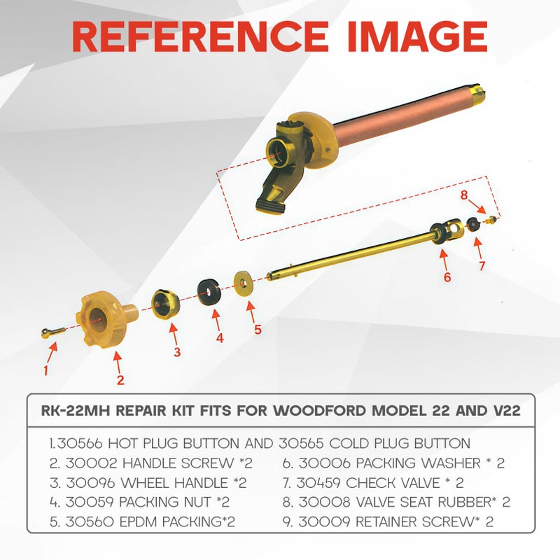 Achilioson RK-22MH Repair Kit Metal Handle,rk-22mh Outside Faucet Repair kit Compatible with Woodford Model 22&V22 Hot and Cold Outdoor Faucet, Round Handle (18pcs). - Image 5