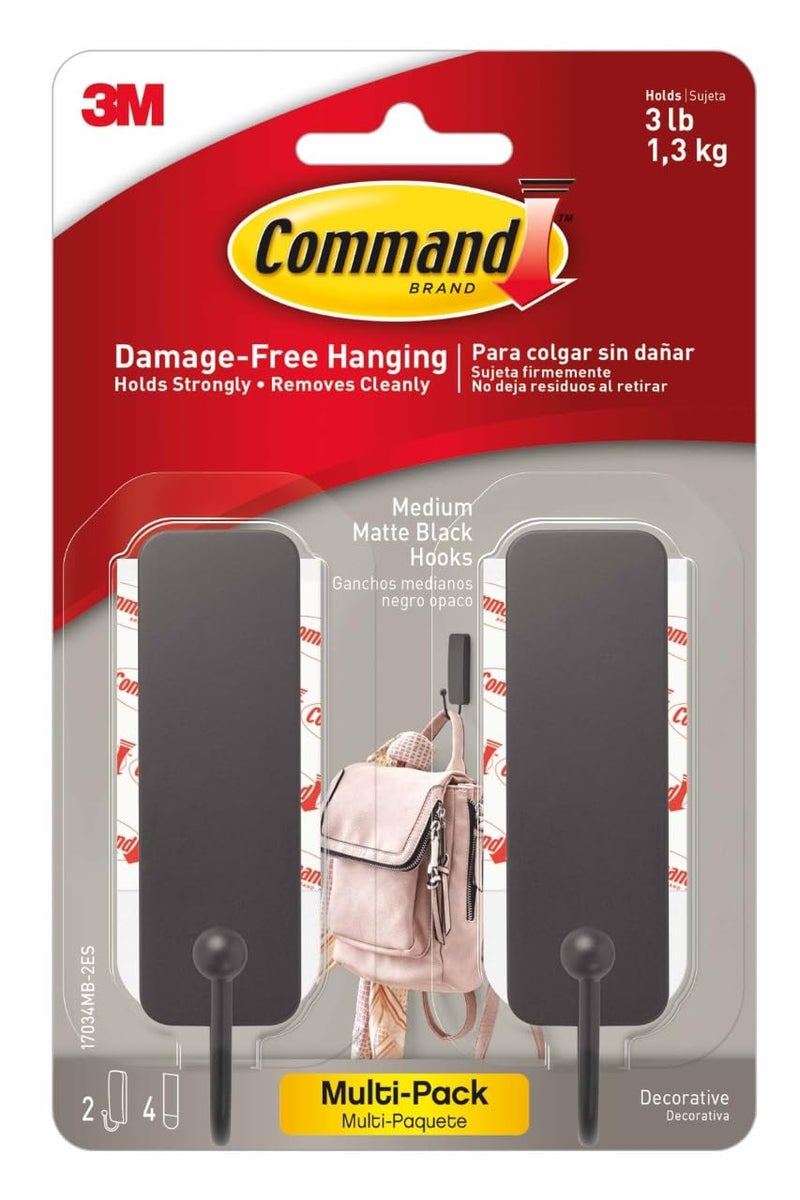 Command Medium Matte Black Wall Hook 2 Coat Hooks and 4 Strips DamageFree Hanging with Adhesive No Tools Great for Hanging Home Decor Holds up to 3 lb - Image 3