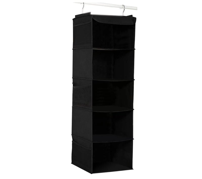BrilliantJo Hanging Wardrobe Storage with 5 Shelves Heavy Duty Organiser Storage Unit with 6 Pockets Pockets for Sweaters Shoes Accessories  Black30 x 30 x 108cm