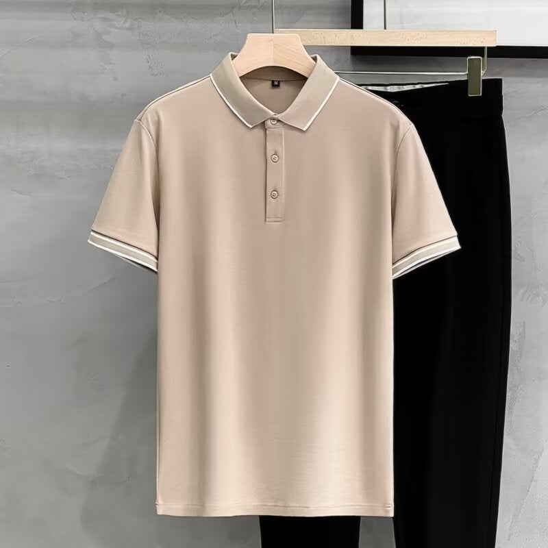 2023 قميص بولو صيفي جديد من حرير الثلج القطني عالي الجودة للرجال بأكمام قصيرة، قميص عمل رفيع الخط، طقم بول أورانج - Image 4