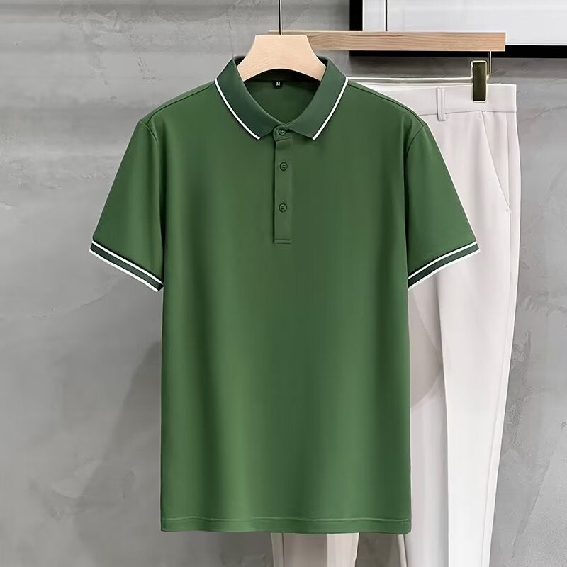 2023 قميص بولو صيفي جديد من حرير الثلج القطني عالي الجودة للرجال بأكمام قصيرة، قميص عمل رفيع الخط، طقم بول أورانج - Image 2
