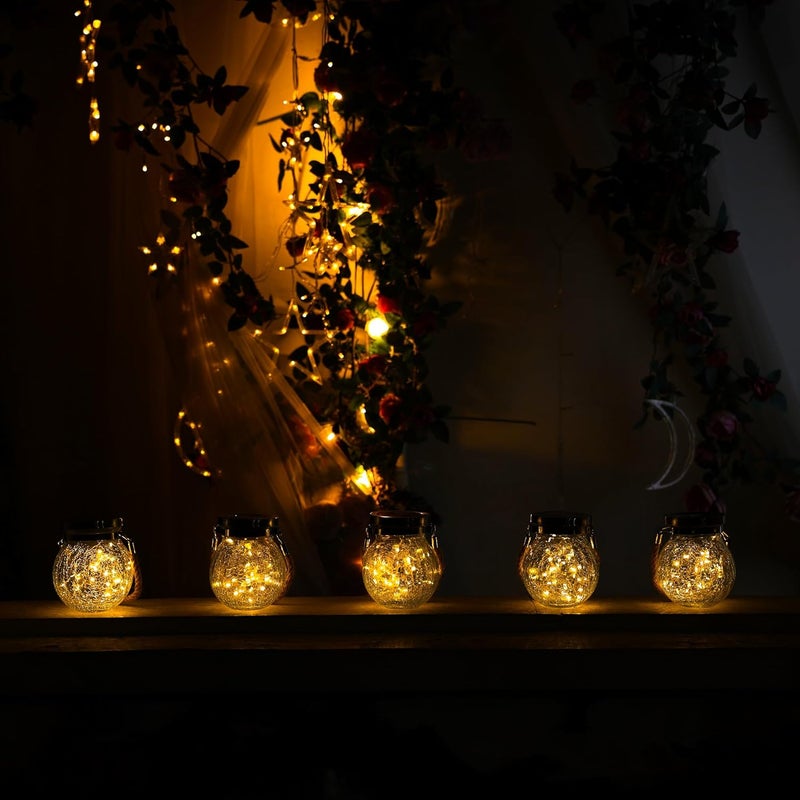 مجموعة Cooo المكونة من 6 قطع من الفوانيس الشمسية الزجاجية المتشققة الثقيلة مع 30 مصباح LED على شكل يراعات – مصباح معلق خارجي مقاوم للماء مع لوح شمسي أكبر بنسبة 215%، غطاء من الفولاذ المقاوم للصدأ، إضاءة زخرفية للحديقة والفناء والطاولة - Image 5