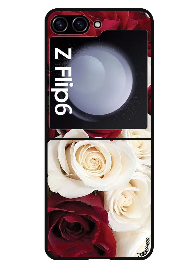 Theodor غطاء واقي مضاد للخدش ومقاوم للصدمات لهاتف سامسونج جالاكسي Z فليب 6 مزين بأزهار بيضاء وحمراء - Image 1