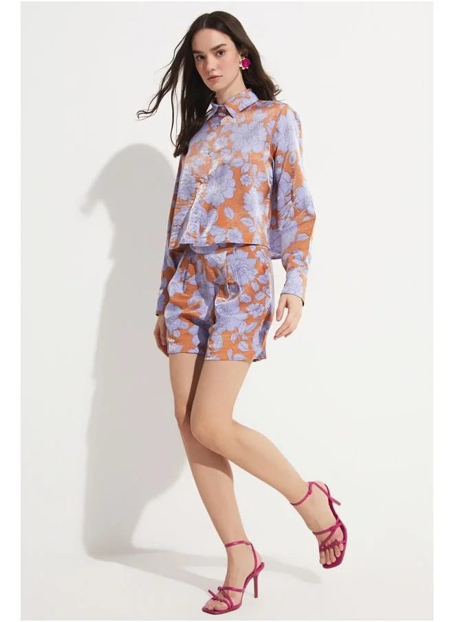 JUNE June Flower Patterned Shirt & Short Set Lilac