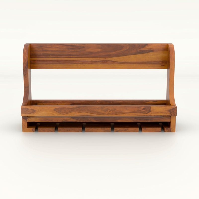 BHATI DECOR Wooden WallMounted Wine Rack with Shelf Rustic Teak Finish 6 Bottle Storage - Image 4