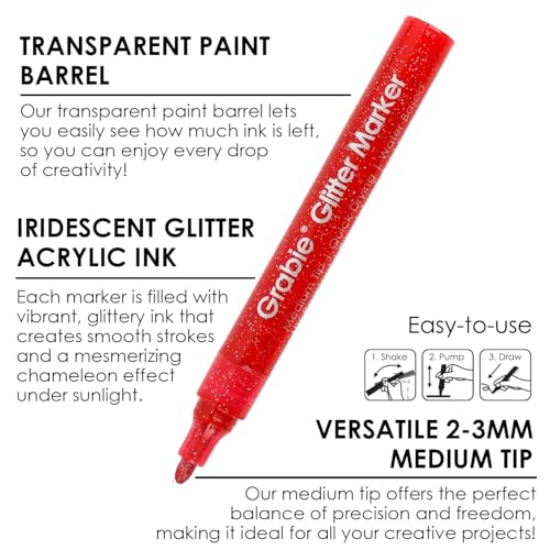 Grabie 24 Glitter Metallic Markers, Medium Tip Glitter Acrylic Paint Markers, Quick-Drying Water-based Ink Glitter Pens for Adults, DIY Crafts Making, Set of 24 - Image 2