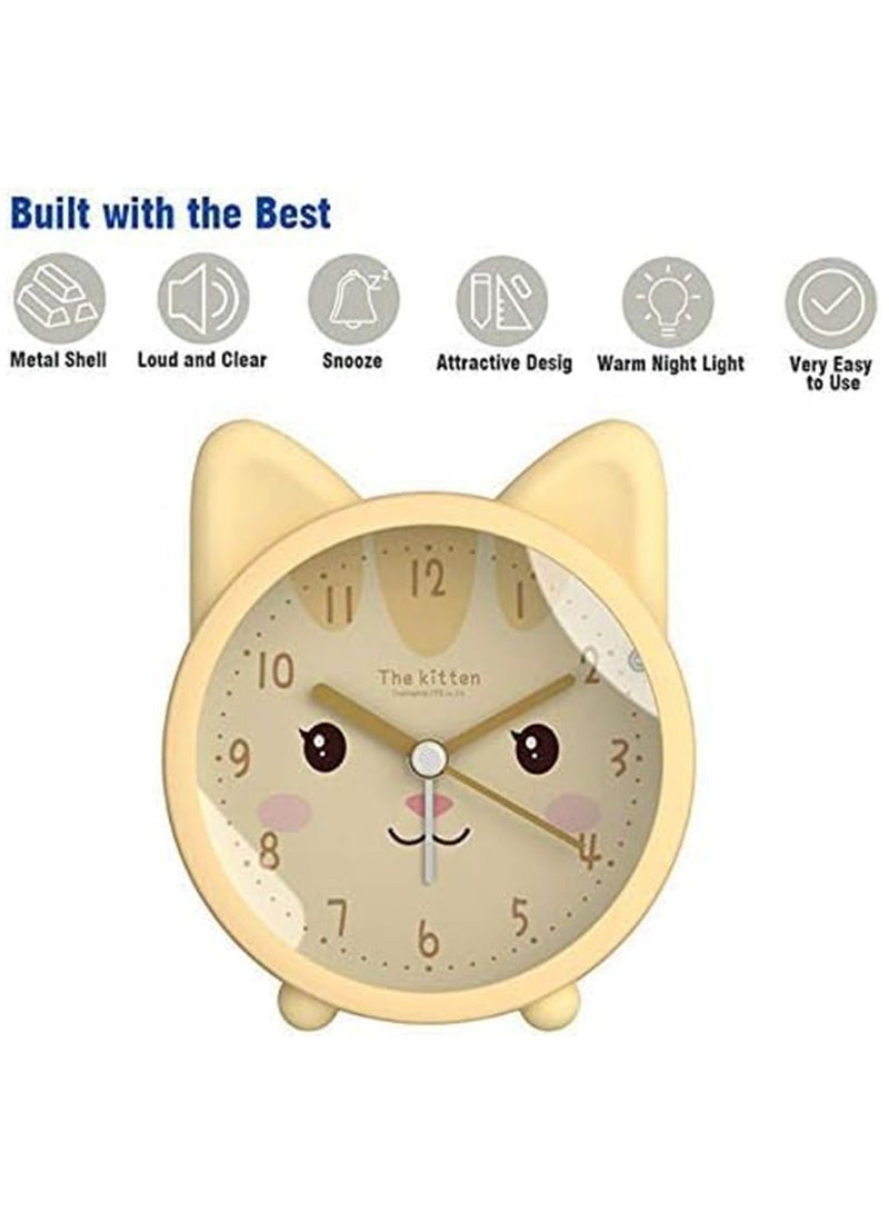 كابتن تيك Children Alarm Clock Silicone Cute Animal Kitten Silent Alarm Clock No Tick Sound with Night Light Alarm Clock for Bedside Desk Office Children Yellow - Image 2