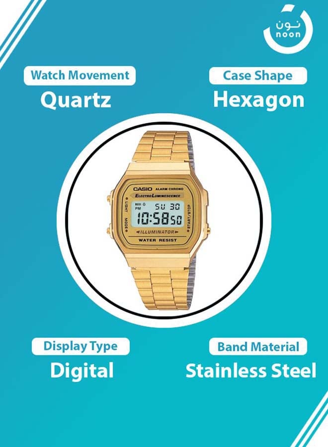 CASIO Men Water Resistant Stainless Steel Digital Watch A168WG-9 - 36 mm - Gold - Image 5