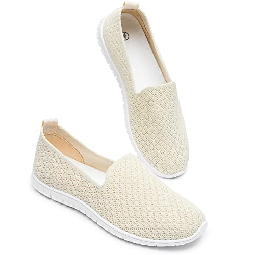 BABUDOG Women's Mesh Flats Shoes Breathable Slip on Shoes Casual Black and White Flats Comfortable Walking Shoes(Beige.US8) - Image 1