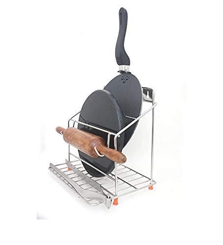12FOR COLLECTION 12FOR COLLECTION Chakla Belan and Tawa Stand for Kitchen 100 RustFree Stainless Steel Rolling Pin Board Holder Wall Mount Stand 4 in1 Holder with Traditional Cup Holder - Image 4