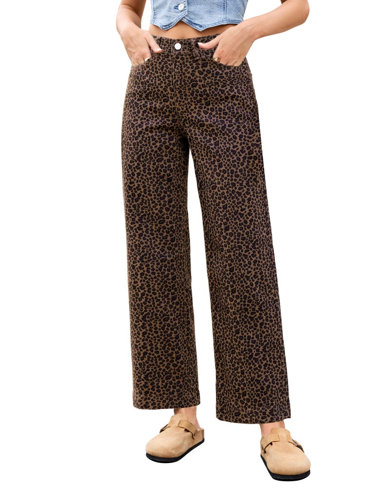 LookbookStore Cheetah Print Jeans Womens Loose Fit Jeans Wide Leg Winter Outfits for Women 2026 2026 Mini Brown Leopard Size X-Large Size 16 18 - Image 1