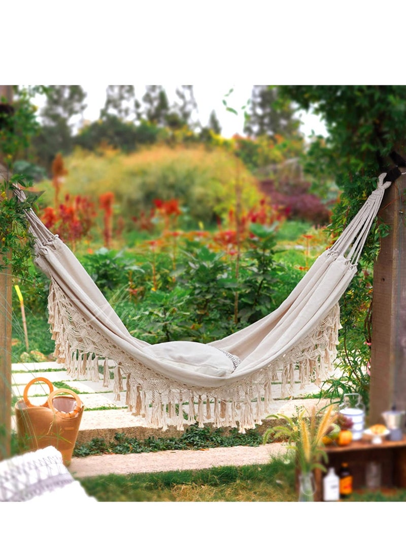 Captaintech Camping Cotton Hammock, Garden Comfortable Fabric Elegant Deluxe Tassels Durable Swing Up to 450lbs, Perfect for Porch Patio Yard Indoor Outdoor Backyard Backpacking, Hiking  - Image 5