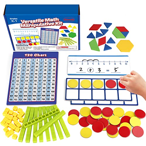 Aizweb Take Home Versatile Math Manipulatives Kit for Kids Grade K-3,With Ten-Frames,Base Ten Blocks,Math Counters,Number Line,120 Number Chart,Pattern Blocks,Homeschool Supplies (Develops Early Math Skills) - Image 1