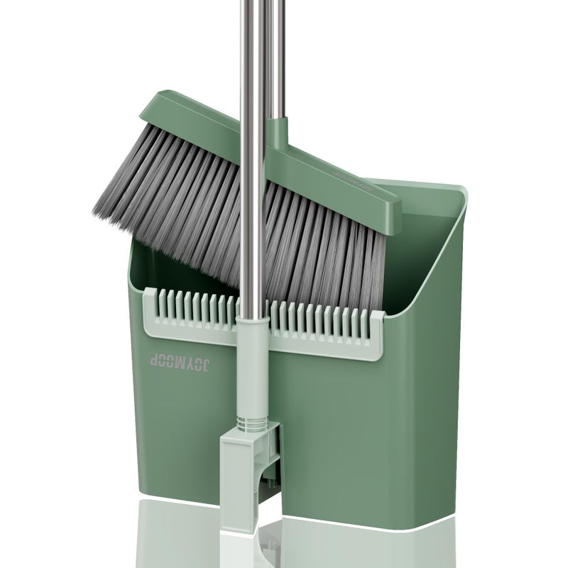 JOYMOOP Dark Teal Green Broom and Dustpan Set, Upright Angle with Built-in Comb Teeth, Ideal for Home, Office, Hardwood, Pet Hair - Image 1