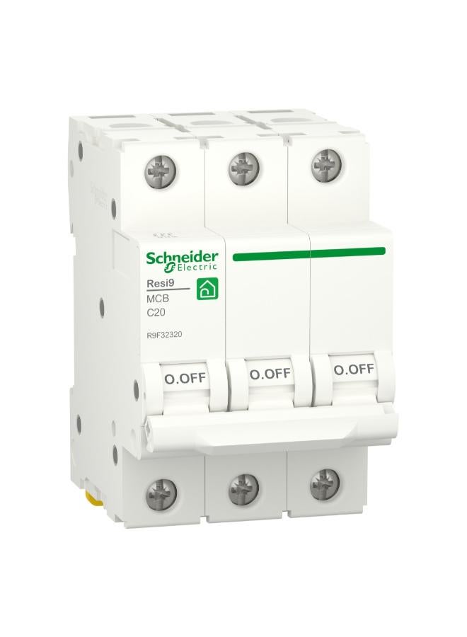 Schneider Electric Resi9, 3P, 20A Miniature Circuit Breaker (Mcb), C Curve, 4500A (Iec/En 60898-1)
