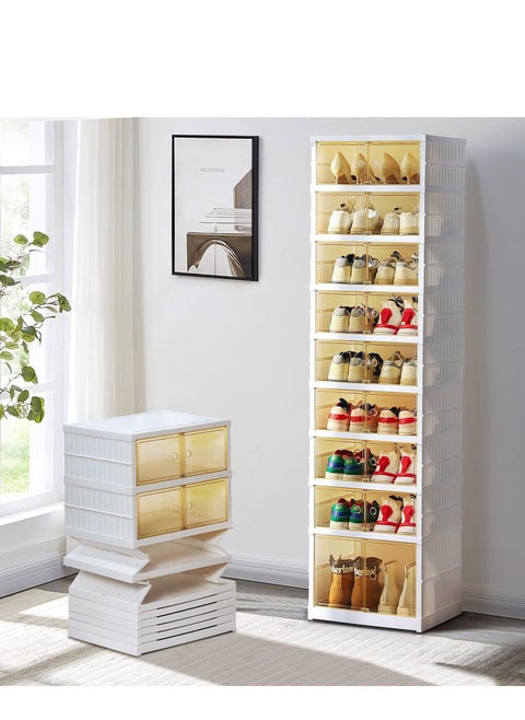 Shoe Box Foldable Storage Box Installation-free Clear Plastic Stackable Shoe Storage Cabinet Shoe Organizer Shoe Container Box with Lids Large Size Shoe Rack (9 layers)