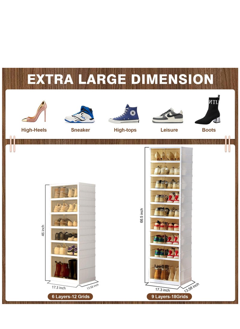Shoe Box Foldable Storage Box Installation-free Clear Plastic Stackable Shoe Storage Cabinet Shoe Organizer Shoe Container Box with Lids Large Size Shoe Rack (9 layers)