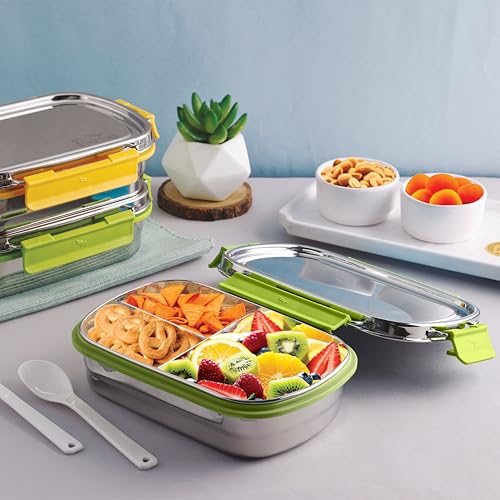 PDDFALCON Stainless Steel Munch Trio Lunch Box with 3 Compartment, 100% Leak-Proof, BIS Certified, Jindal Seal & Made in India Bento Box - 750ml (Green) (Not Leakproof Internally) - Image 2