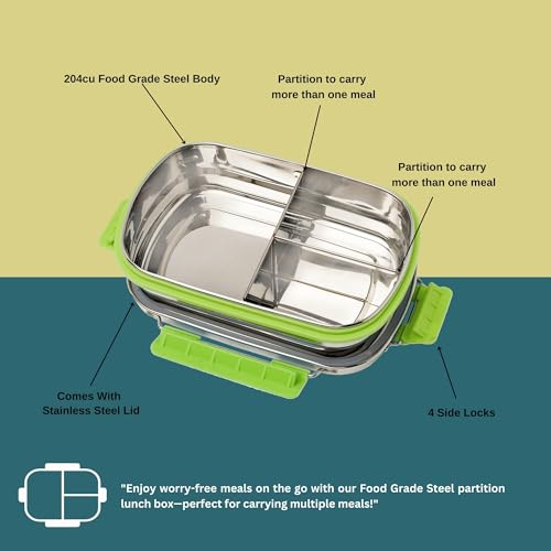 PDDFALCON Stainless Steel Munch Trio Lunch Box with 3 Compartment, 100% Leak-Proof, BIS Certified, Jindal Seal & Made in India Bento Box - 750ml (Green) (Not Leakproof Internally) - Image 4