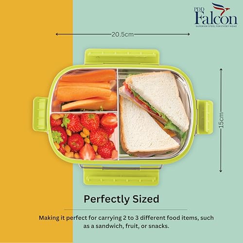 PDDFALCON Stainless Steel Munch Trio Lunch Box with 3 Compartment, 100% Leak-Proof, BIS Certified, Jindal Seal & Made in India Bento Box - 750ml (Green) (Not Leakproof Internally) - Image 3