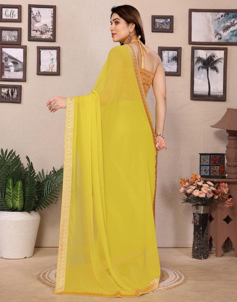 SIRIL Women's Georgette Lace Border Saree With Unstitched Blouse Piece (4254S652_Yellow) - Image 3