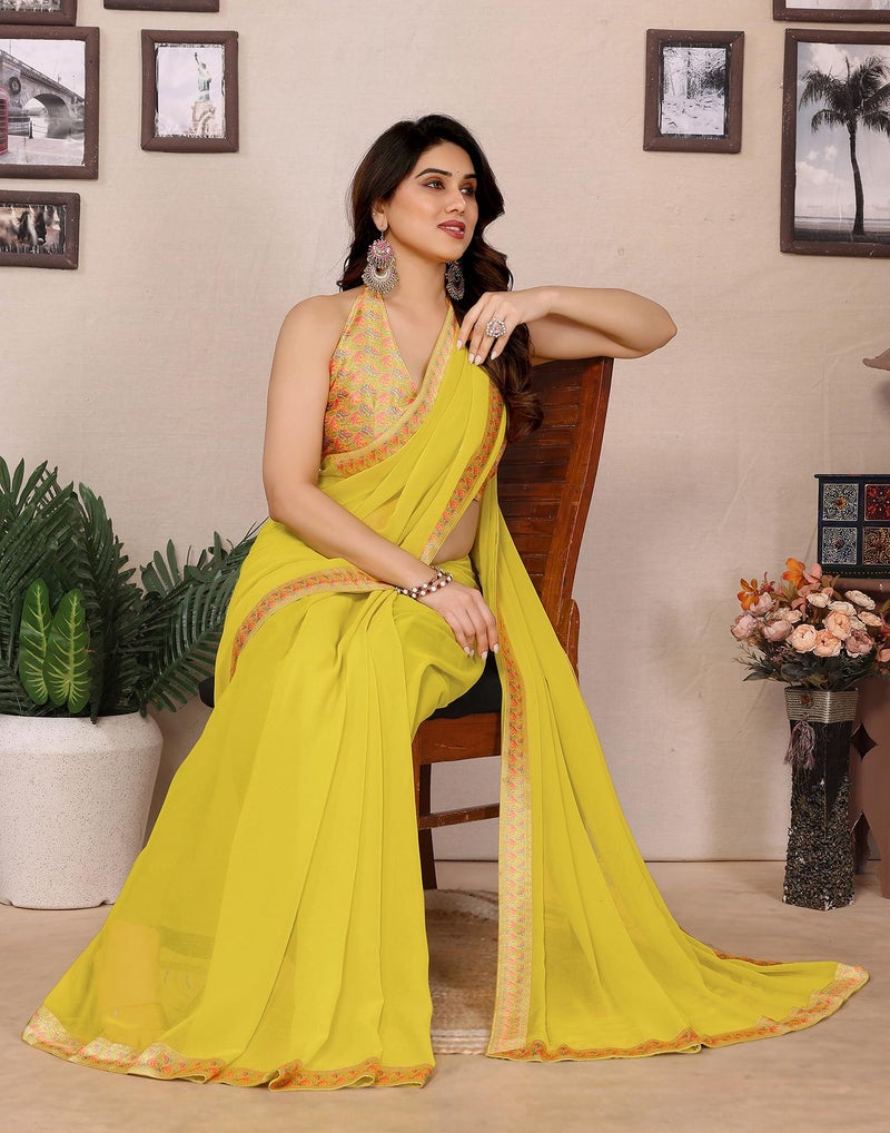SIRIL Women's Georgette Lace Border Saree With Unstitched Blouse Piece (4254S652_Yellow) - Image 4
