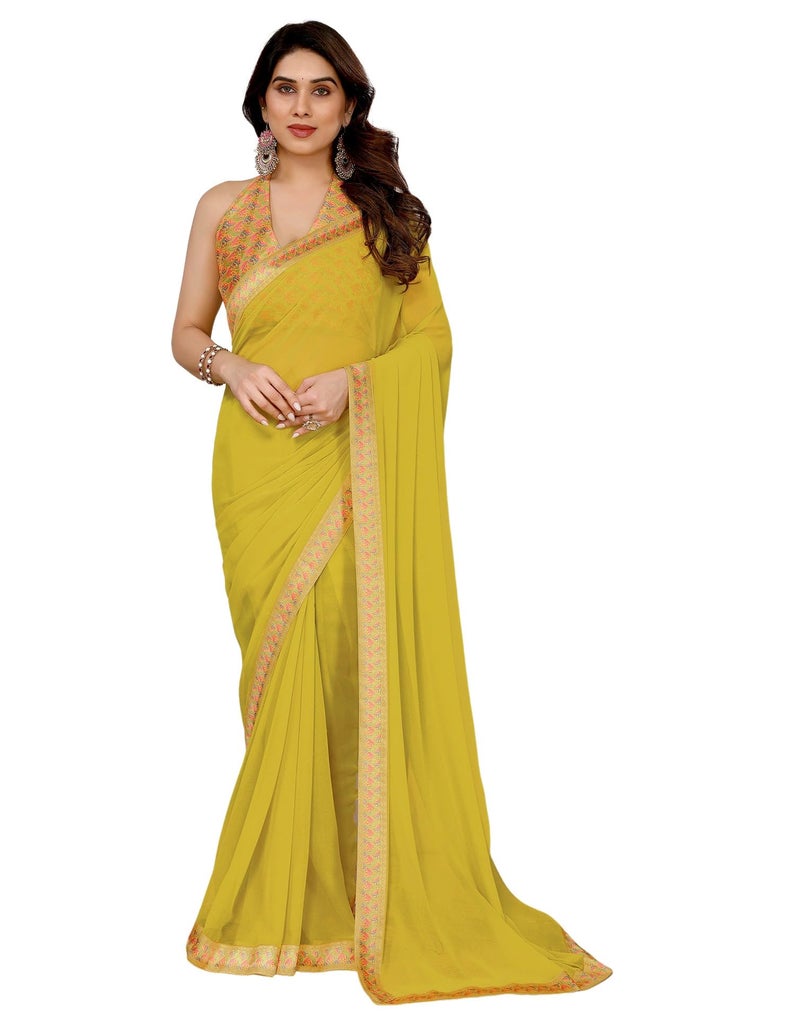SIRIL Women's Georgette Lace Border Saree With Unstitched Blouse Piece (4254S652_Yellow) - Image 1