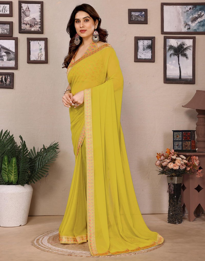 SIRIL Women's Georgette Lace Border Saree With Unstitched Blouse Piece (4254S652_Yellow) - Image 2