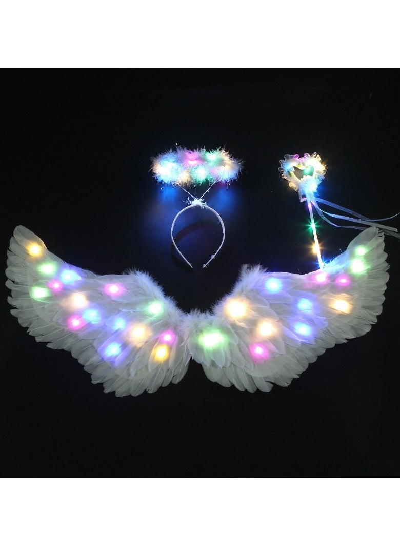 AUTOYSUR Wing Costume Kids,Feather Wings and Halo with LED Lights,Headband Tulle Tutu Skirt Fairy Magic Wand Carnival Cosplay Costume for Girls（3pcs set） - Image 1