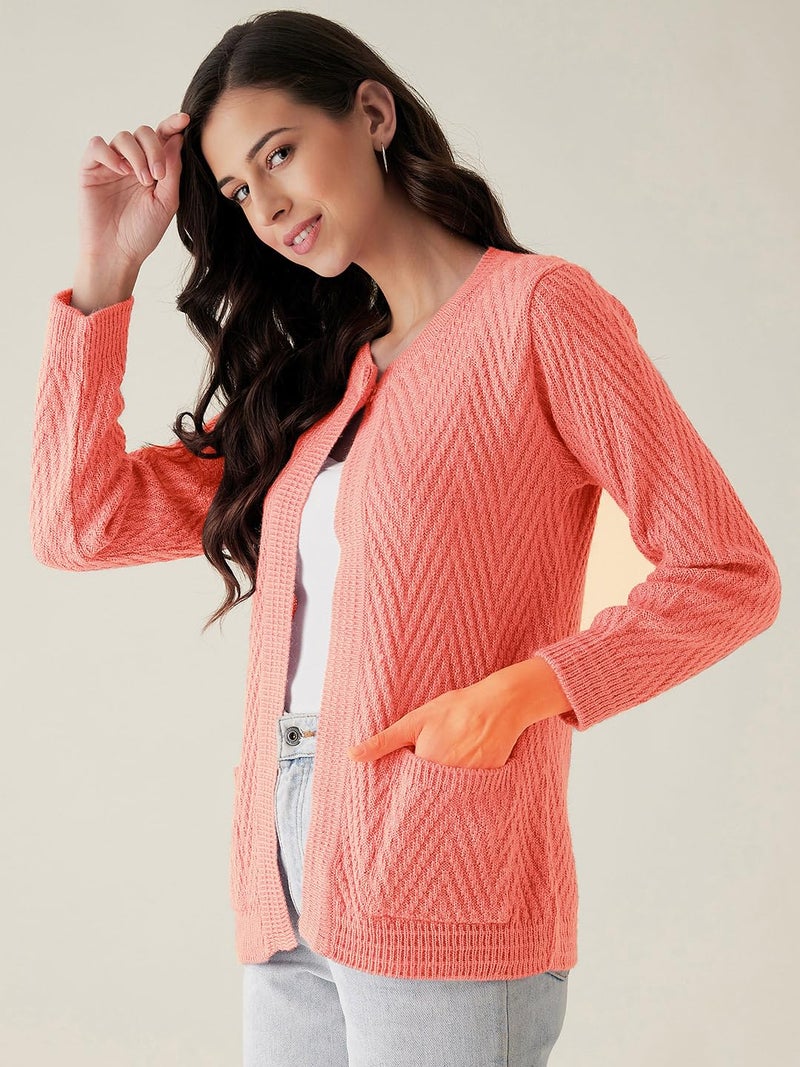 Pivl Women Front Open Peach Sweater for Winter_M - Image 3