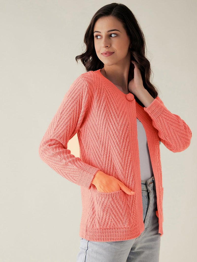 Pivl Women Front Open Peach Sweater for Winter_M - Image 4