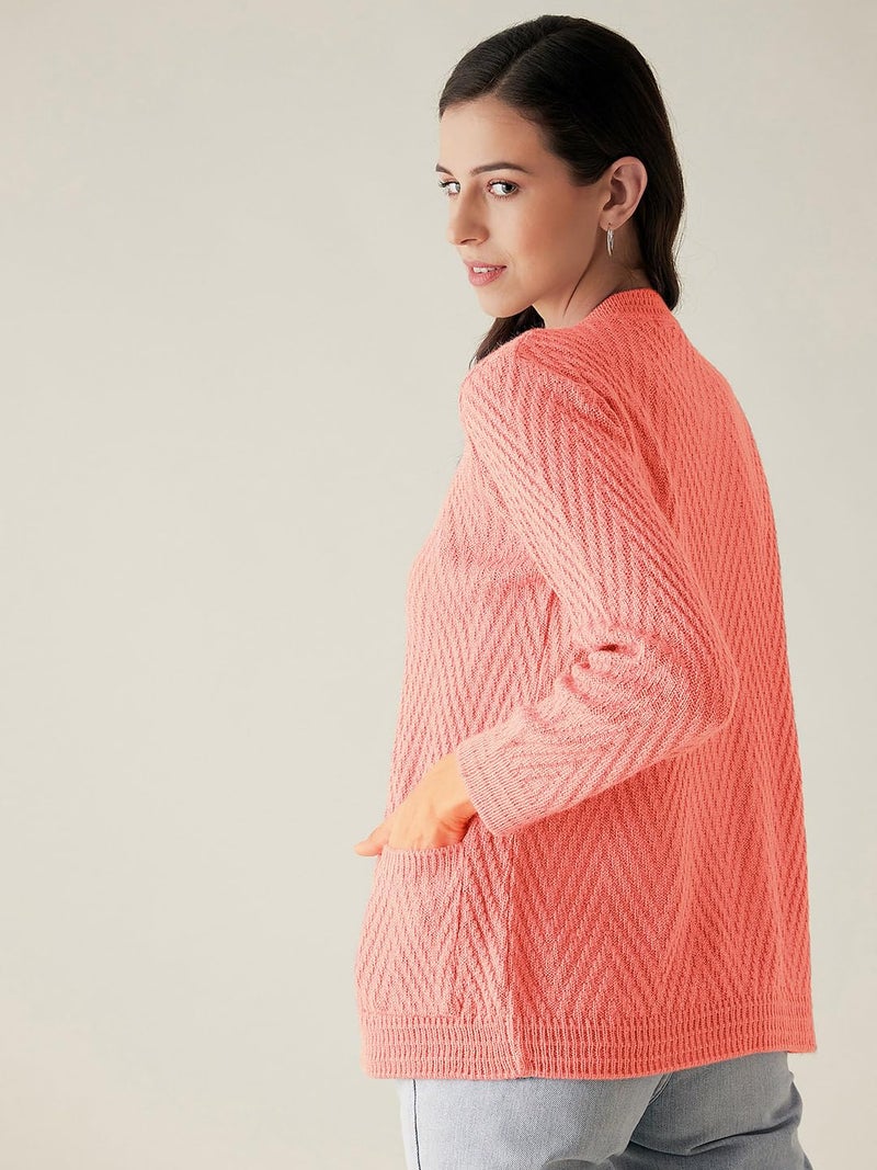Pivl Women Front Open Peach Sweater for Winter_M - Image 5
