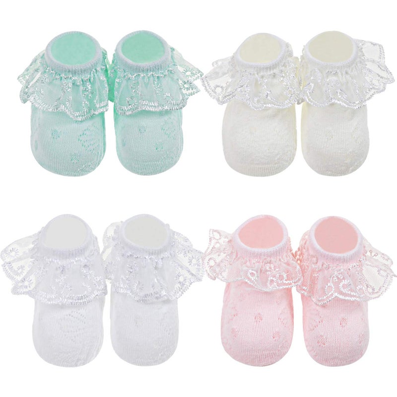 DRESHOW BQUBO Baby Girls Socks Eyelet Ruffle Lace Socks Cute Frilly Sock Newborn/Infant/Toddlers/Kids Girl Dress Sock 0-6 Months - Image 2