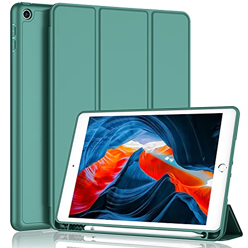 iMieet iPad 9th Generation Case 2021/iPad 8th Generation Case 2020 10.2 Inch with Pencil Holder, iPad 7th Gen 2019 Case with Soft Baby Skin Silicone Back, Auto Wake/Sleep Cover (Midnight Green) - Image 1