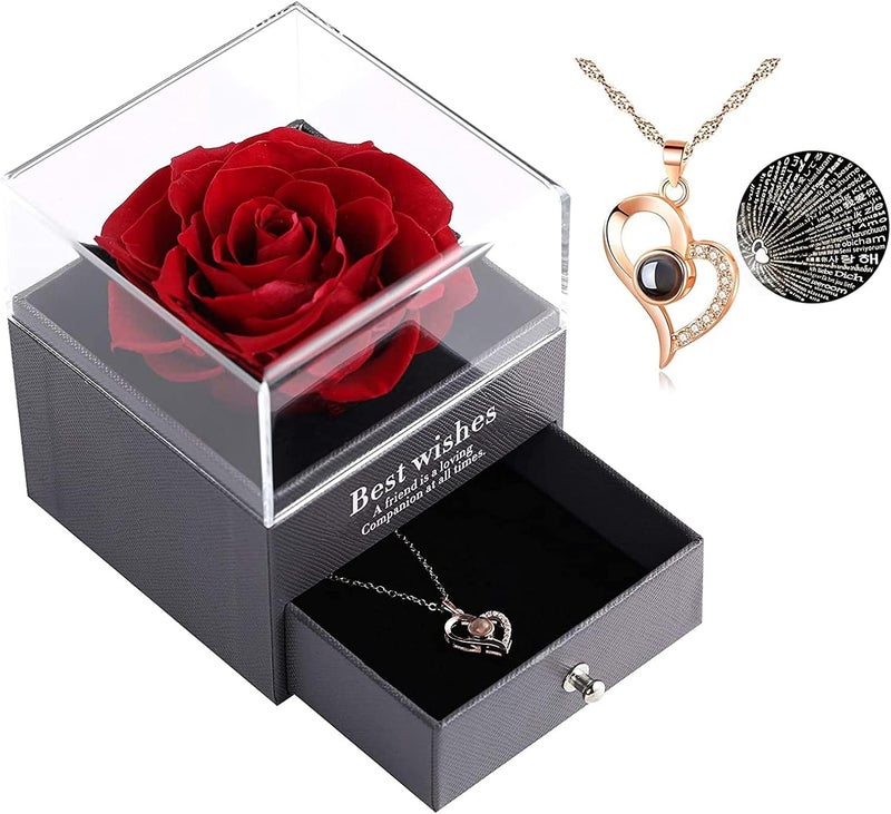 comfrt 100 Languages Light I Love You Projection Pendant Necklace, Preserved Real Rose with Love You Necklace in Gift Set, for Valentine's Day Anniversary Wedding Romantic Gifts for her - Image 1