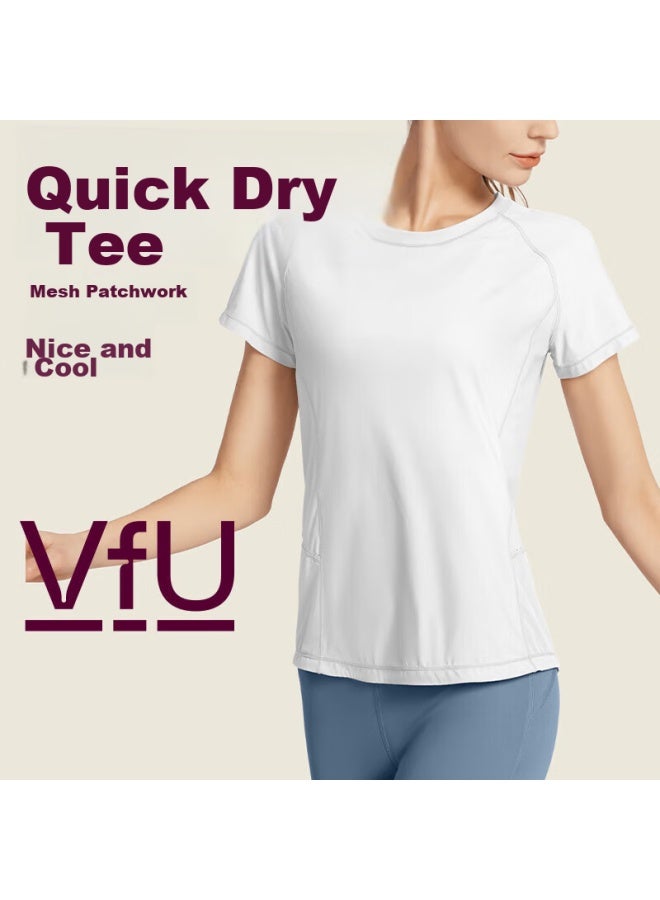 Vfu Sports T-shirt Short Sleeve Women's Quick-dry Shirt Mesh Breathable Fitness Wear Training Yoga Outfit White Size M - Image 1