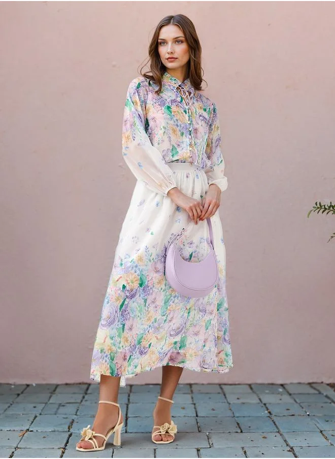تواكستريمز 2Xtremz Floral Print Top with Tie-Up Neck and Long Sleeves