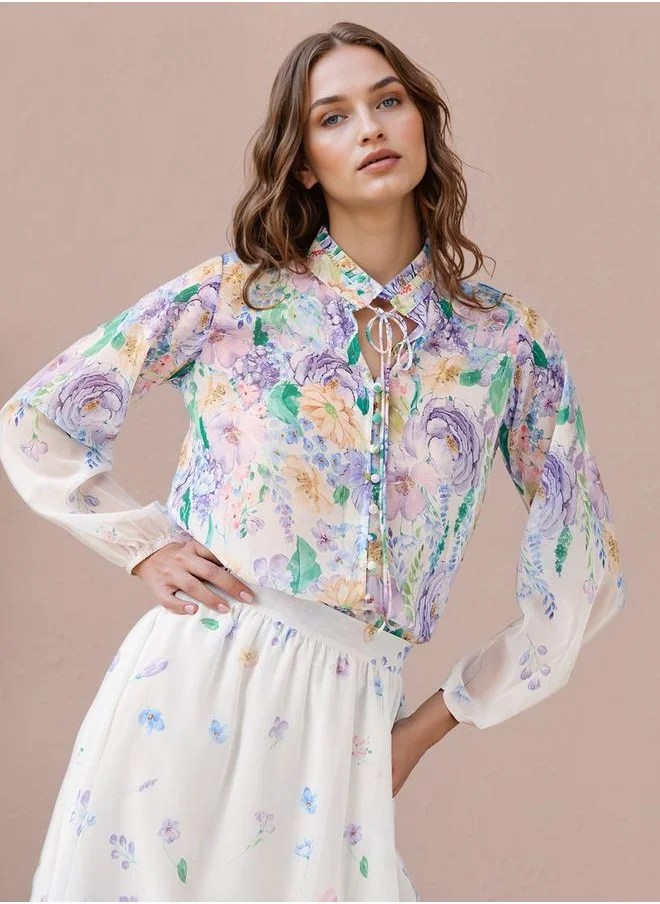 تواكستريمز 2Xtremz Floral Print Top with Tie-Up Neck and Long Sleeves