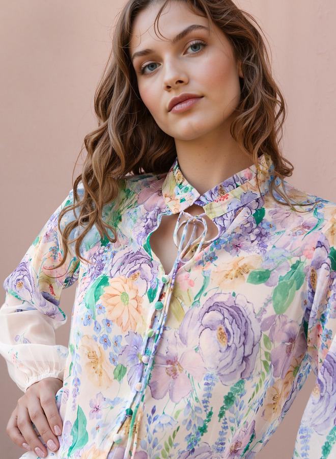 2Xtremz Floral Print Top with Tie-Up Neck and Long Sleeves - Image 4