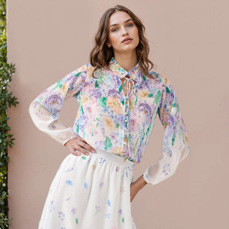 2Xtremz 2Xtremz Floral Print Top with Tie-Up Neck and Long Sleeves