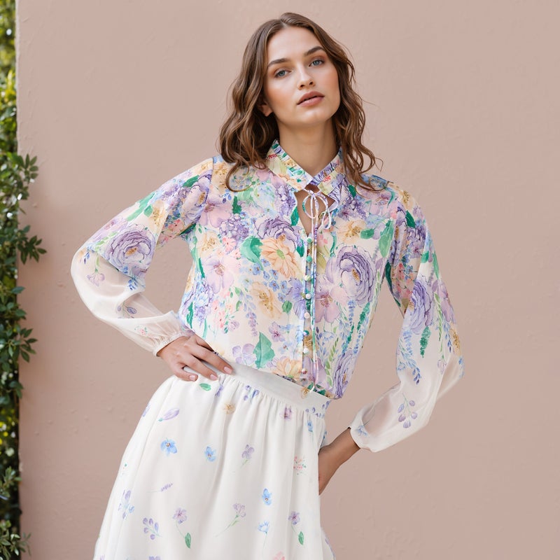 2Xtremz Floral Print Top with Tie-Up Neck and Long Sleeves - Image 1