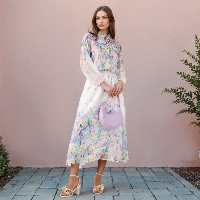 2Xtremz Floral Print Top with Tie-Up Neck and Long Sleeves - Image 2