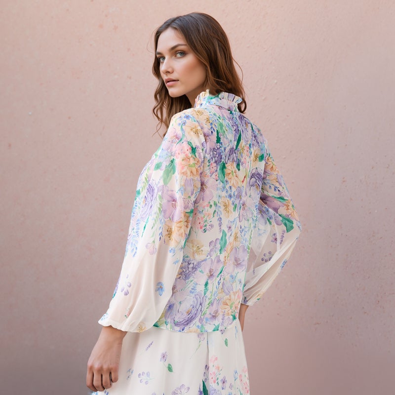 2Xtremz Floral Print Top with Tie-Up Neck and Long Sleeves - Image 3