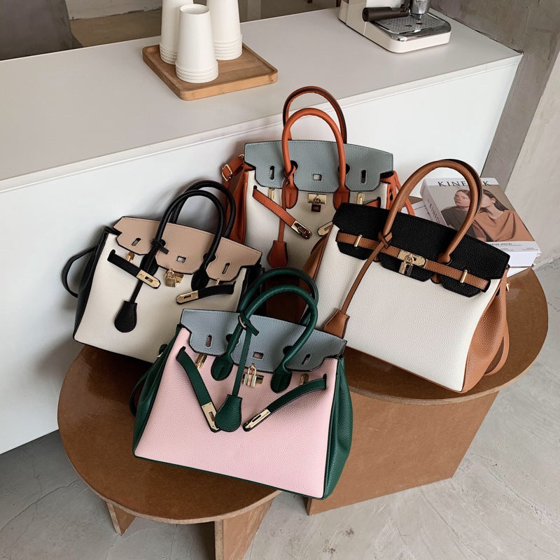 Women's PU Contrast Color Tote Handbag with Shoulder Strap - Image 2