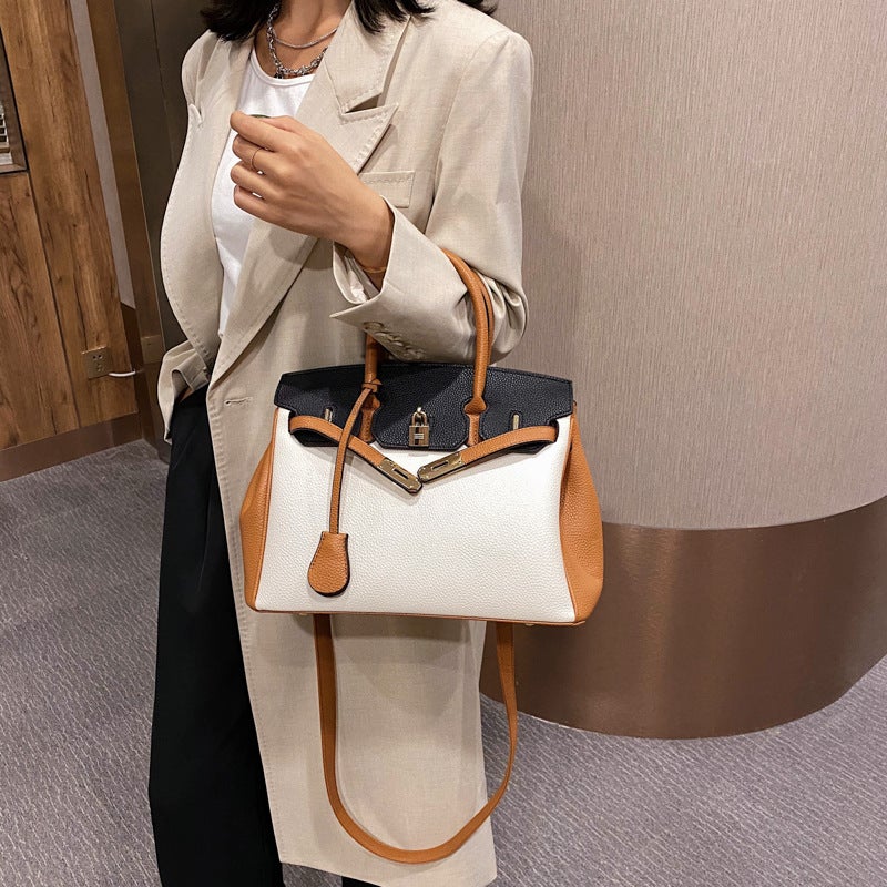 Women's PU Contrast Color Tote Handbag with Shoulder Strap - Image 4