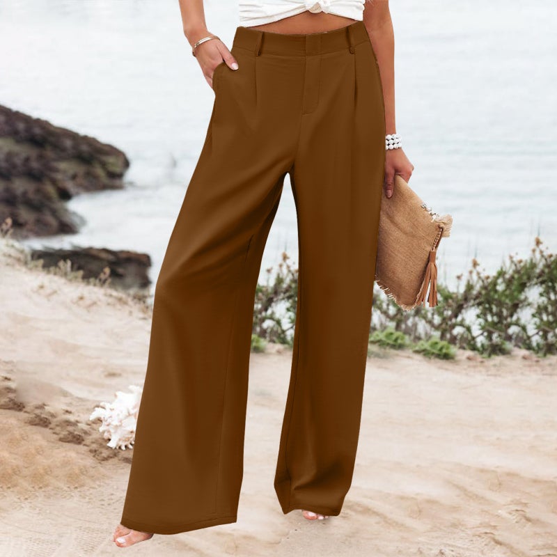 2025 New Women'S Summer Fashion Loose Solid Color High-Waisted Casual Straight-Leg Pants Long Pants - Image 1